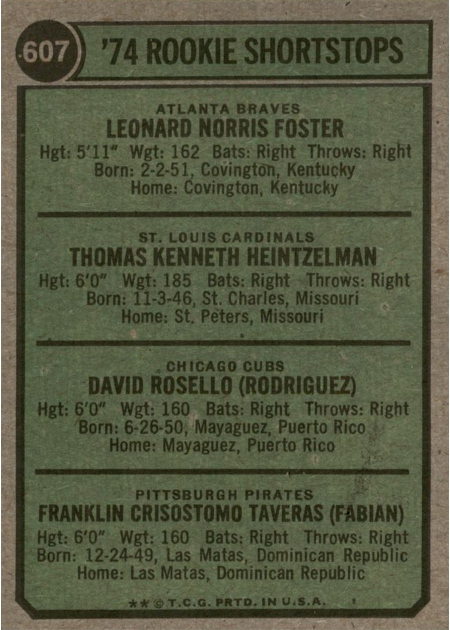 1974 Topps #607 1974 Rookie Shortstops card back