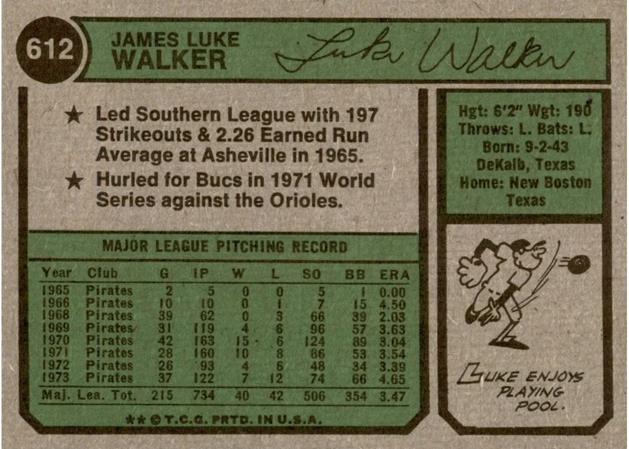 1974 Topps #612 Luke Walker card back