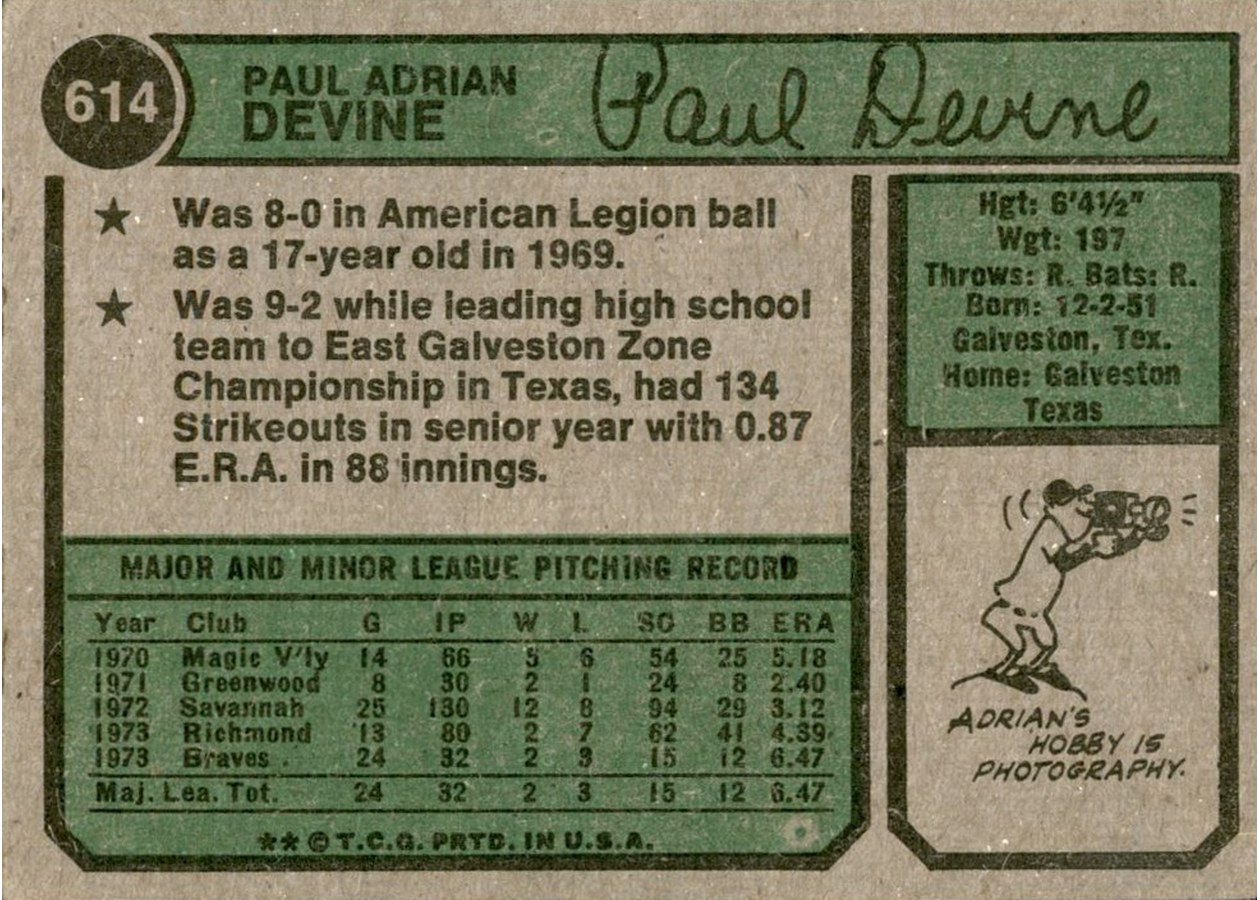 1974 Topps #614 Adrian Devine card back