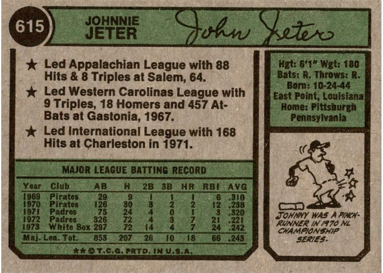 1974 Topps #615 Johnny Jeter card back