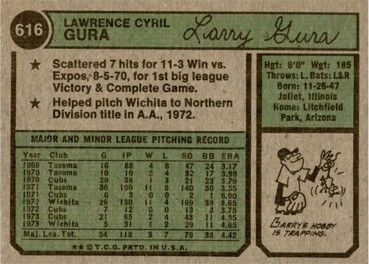 1974 Topps #616 Larry Gura card back
