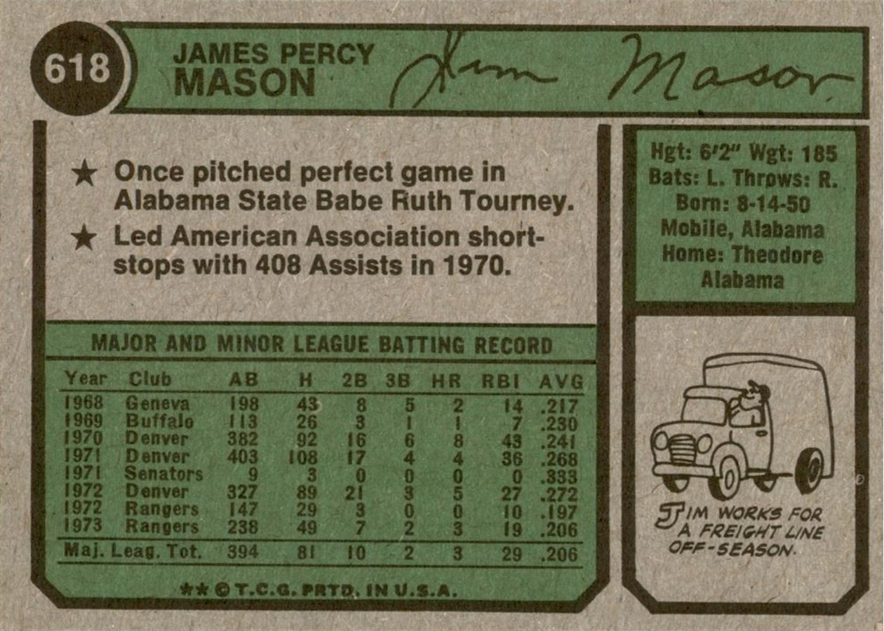 1974 Topps #618 Jim Mason card back