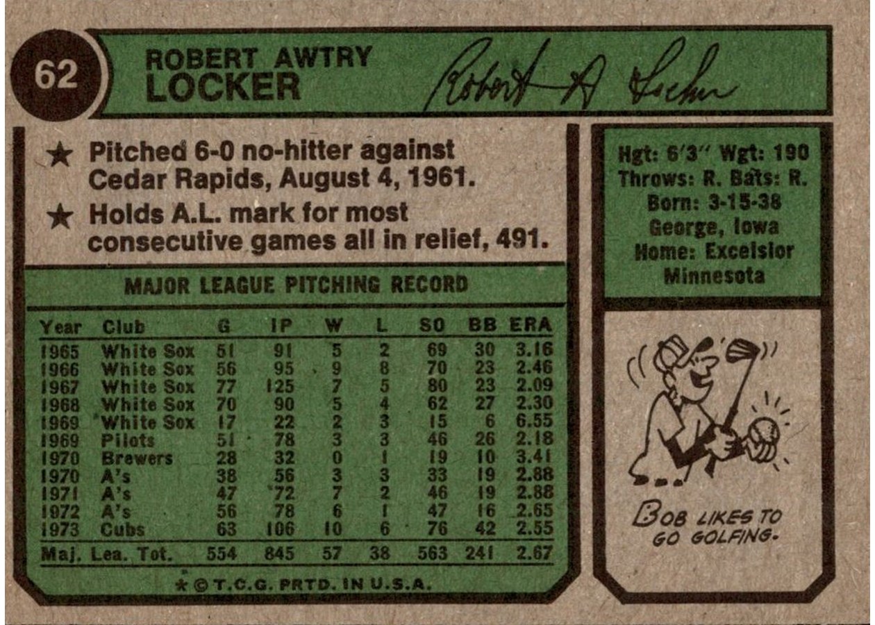 1974 Topps #62 Bob Locker card back