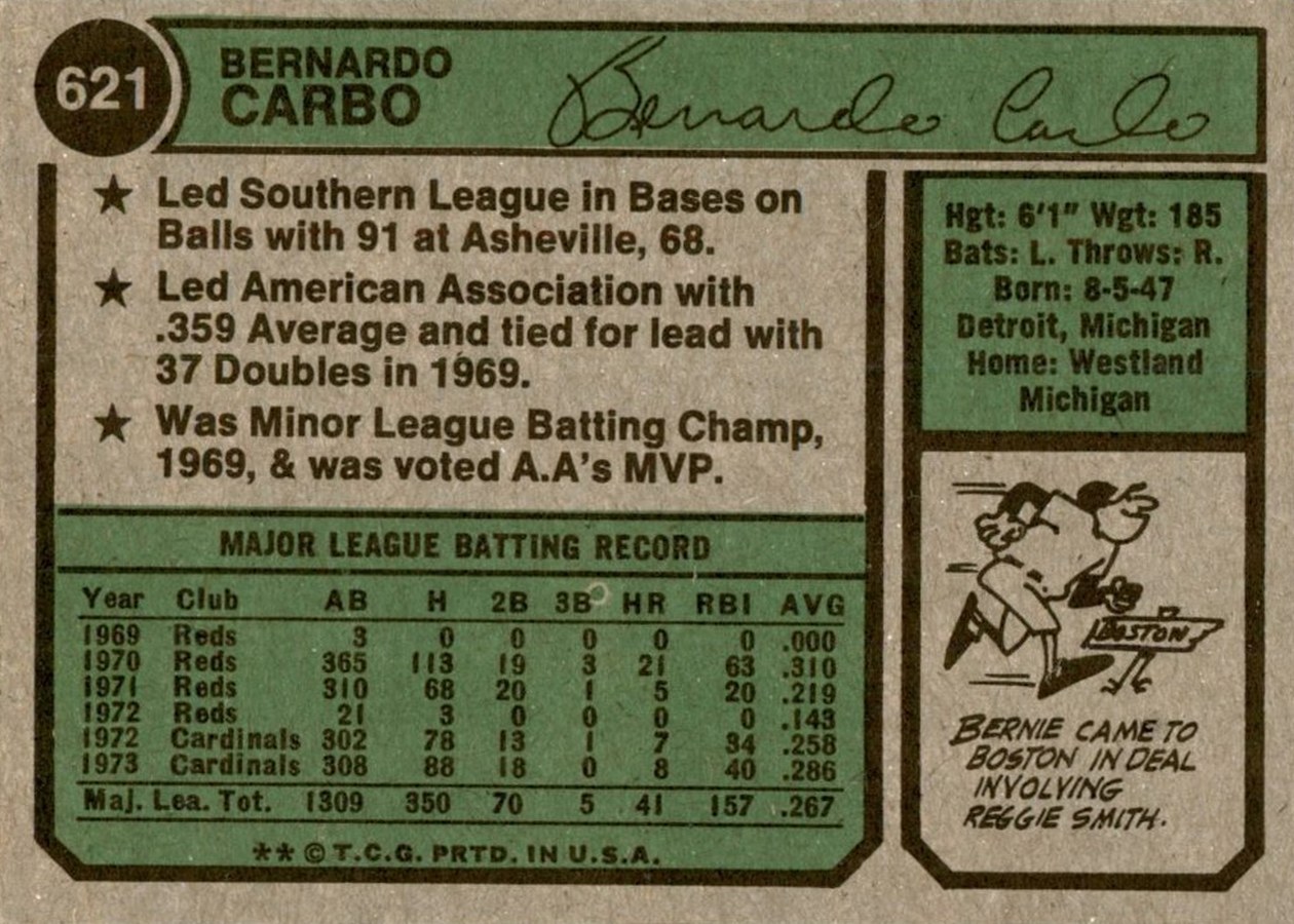 1974 Topps #621 Bernie Carbo card back