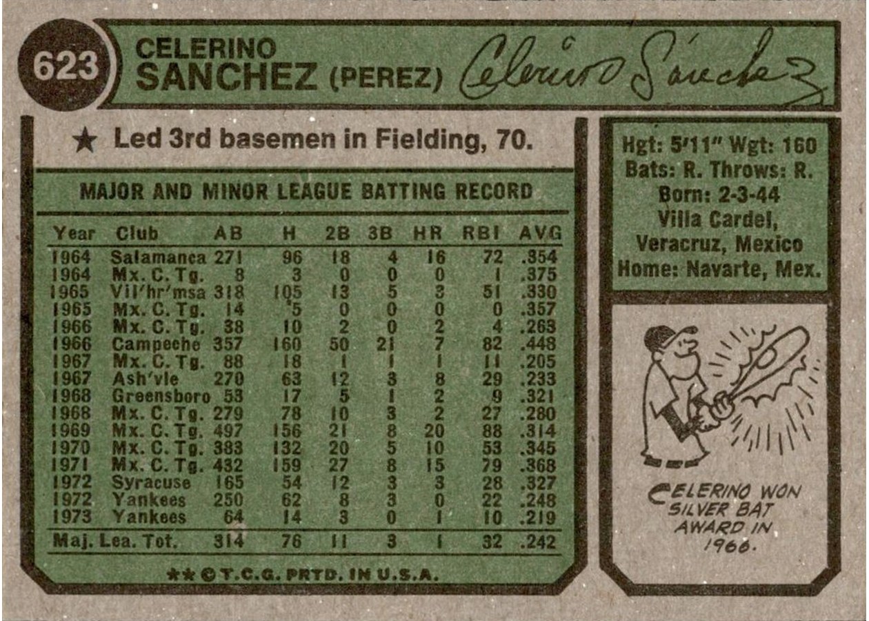 1974 Topps #623 Celerino Sanchez card back