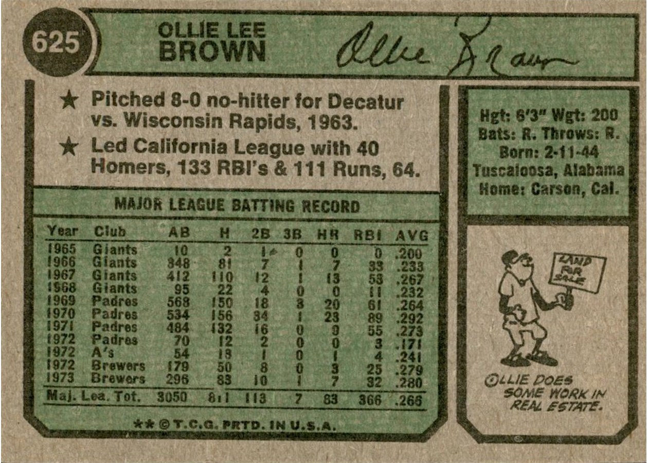 1974 Topps #625 Ollie Brown card back