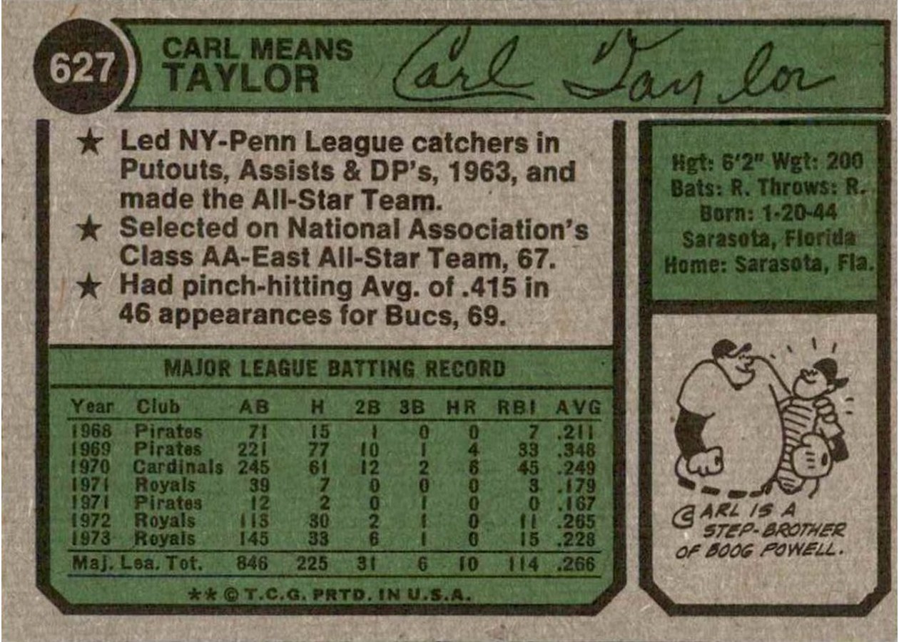 1974 Topps #627 Carl Taylor card back