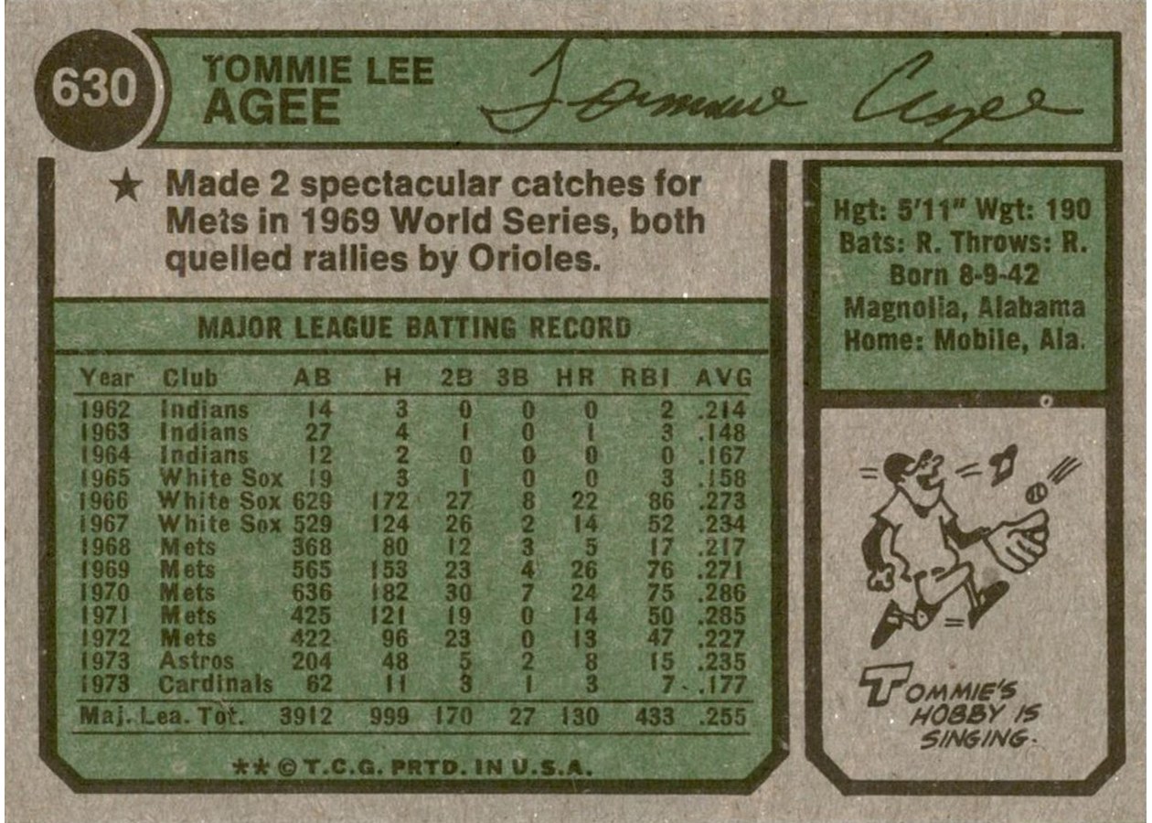 1974 Topps #630 Tommie Agee card back