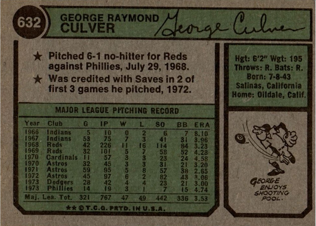 1974 Topps #632 George Culver card back
