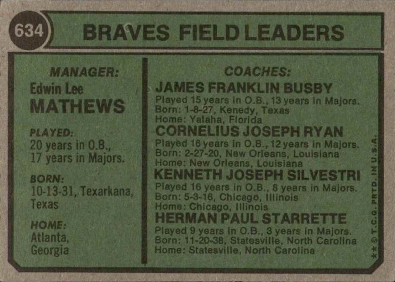 1974 Topps #634 Braves Field Leaders card back