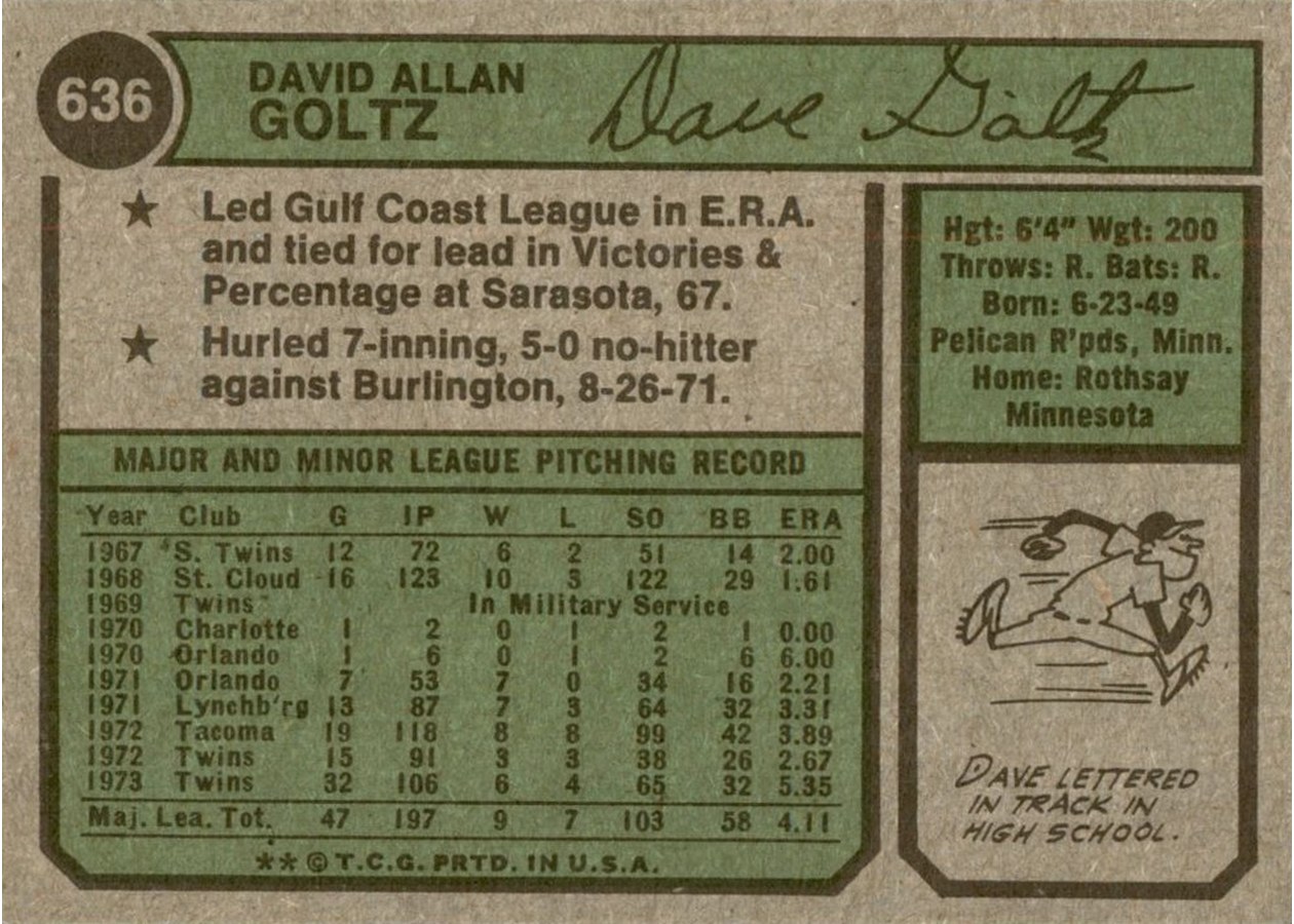 1974 Topps #636 Dave Goltz card back