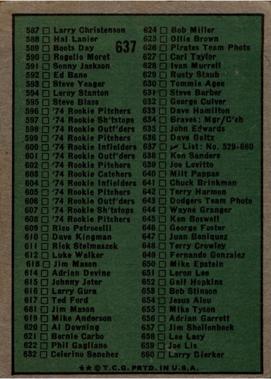 1974 Topps #637 Checklist: 529-660 card back