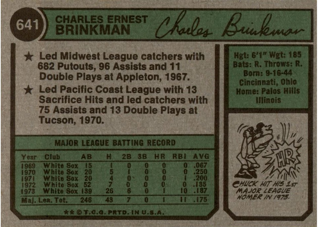 1974 Topps #641 Chuck Brinkman card back