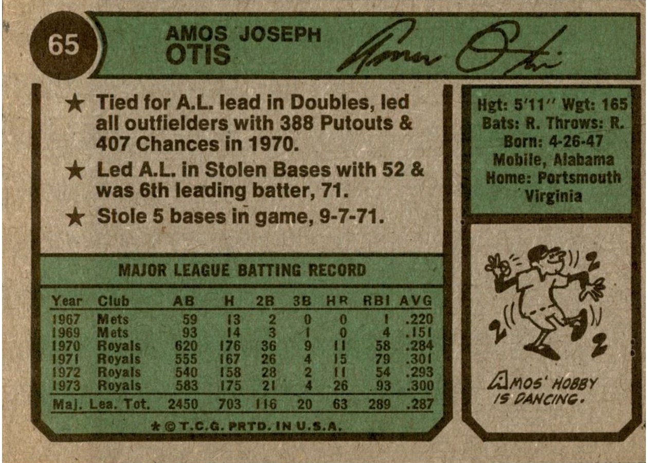 1974 Topps #65 Amos Otis card back