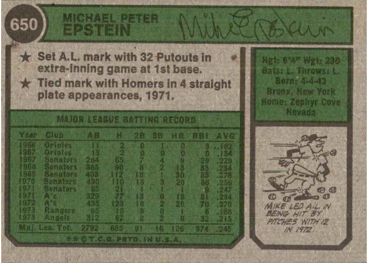 1974 Topps #650 Mike Epstein card back