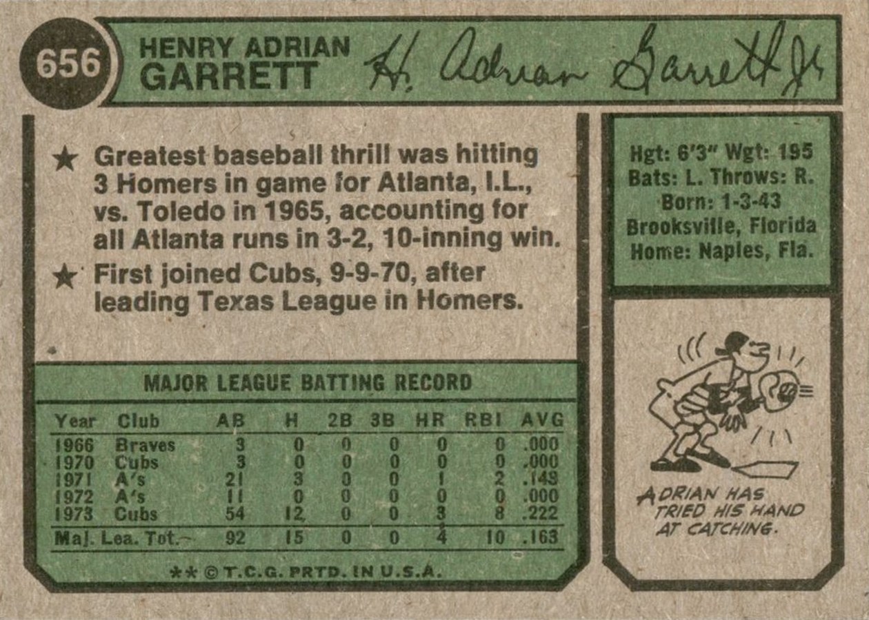 1974 Topps #656 Adrian Garrett card back