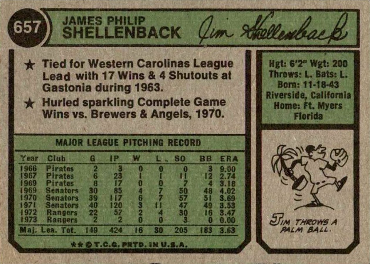 1974 Topps #657 Jim Shellenback card back