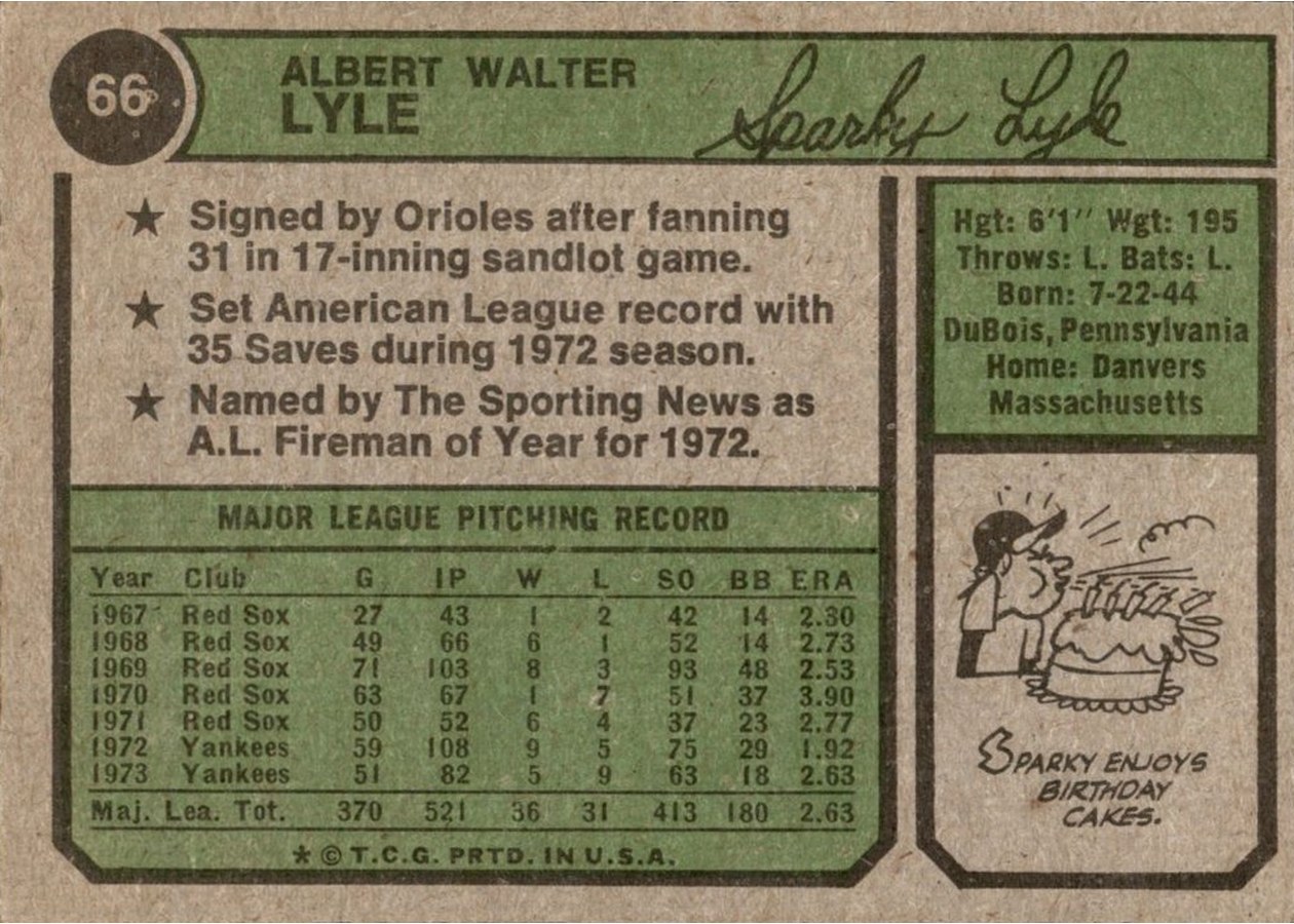 1974 Topps #66 Sparky Lyle card back