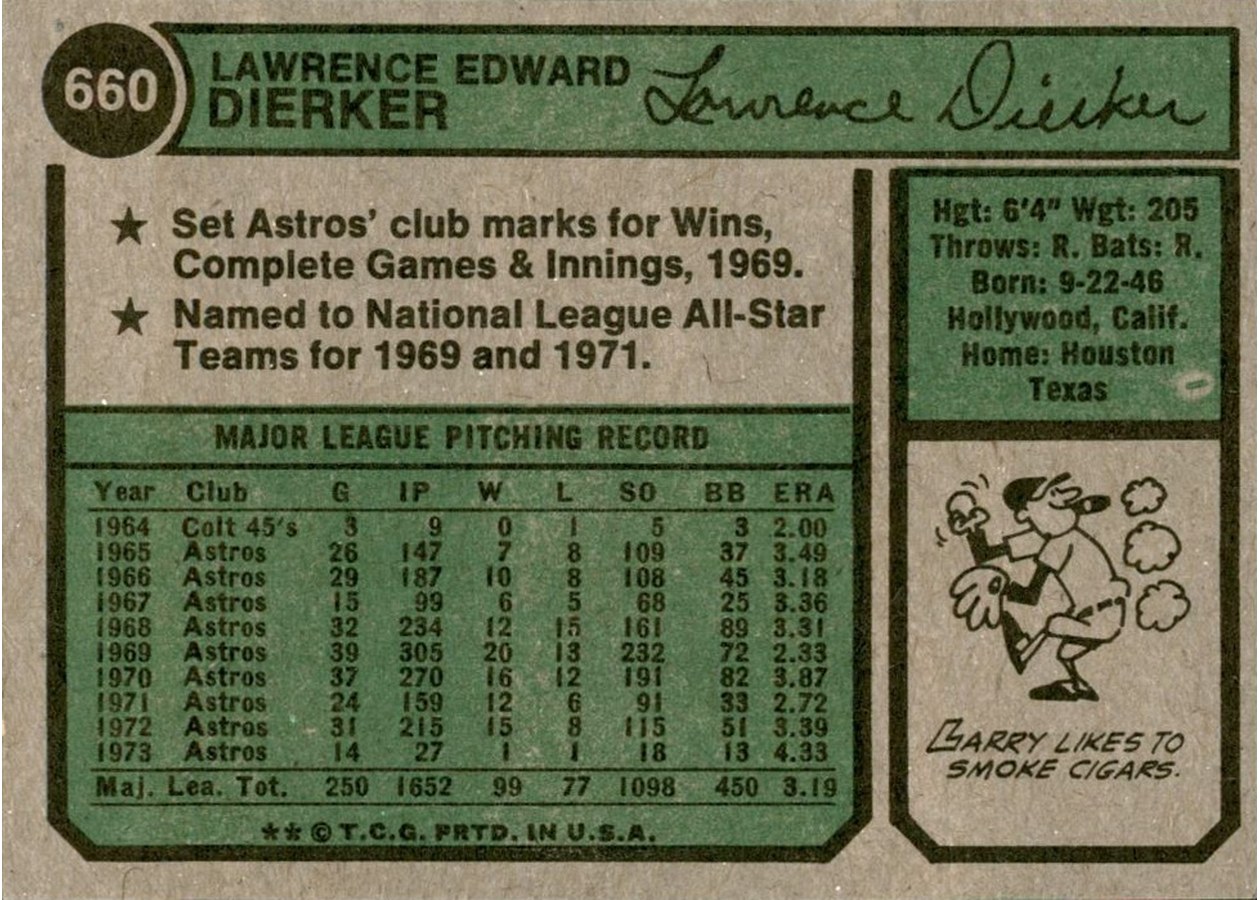 1974 Topps #660 Larry Dierker card back