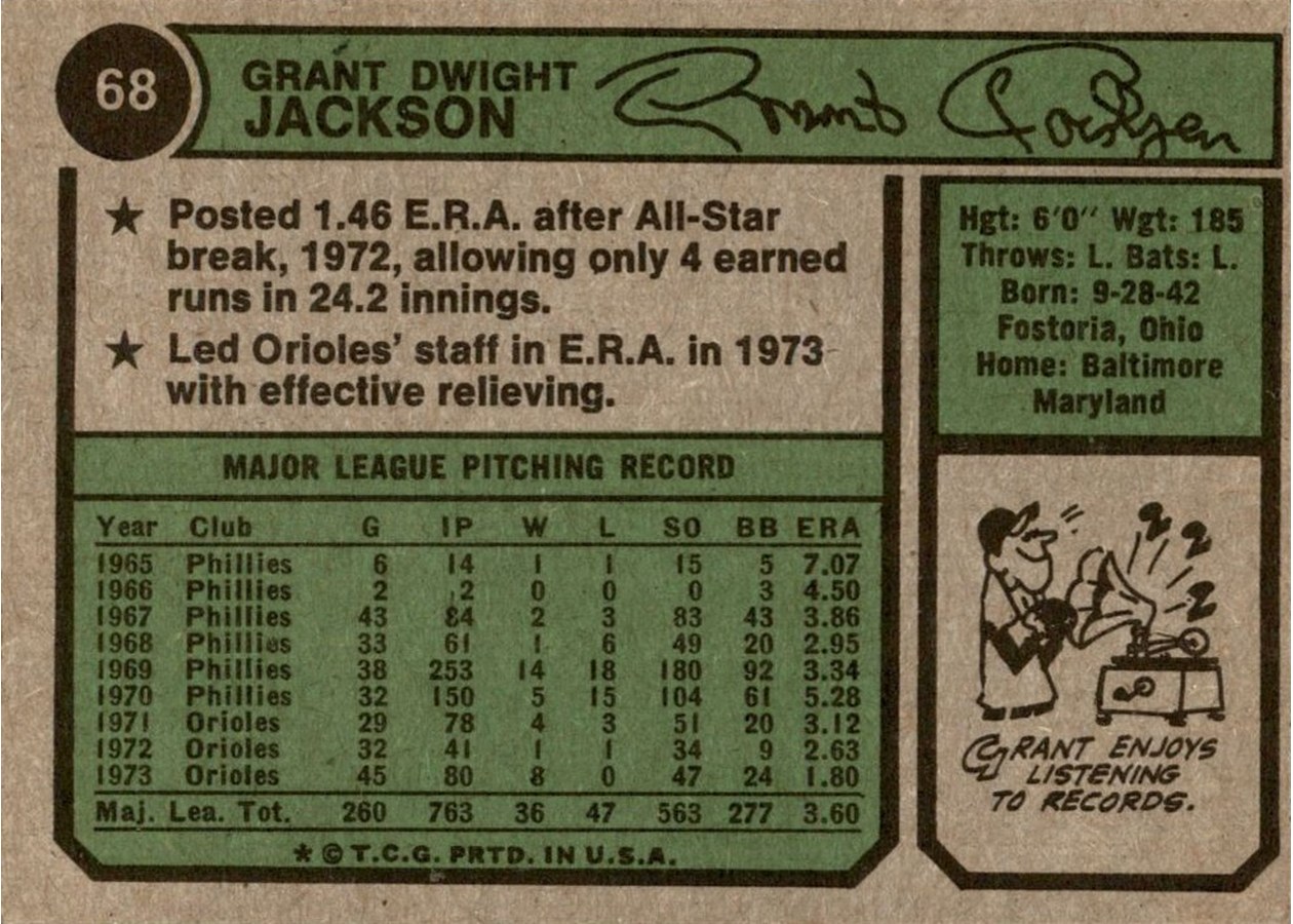 1974 Topps #68 Grant Jackson card back