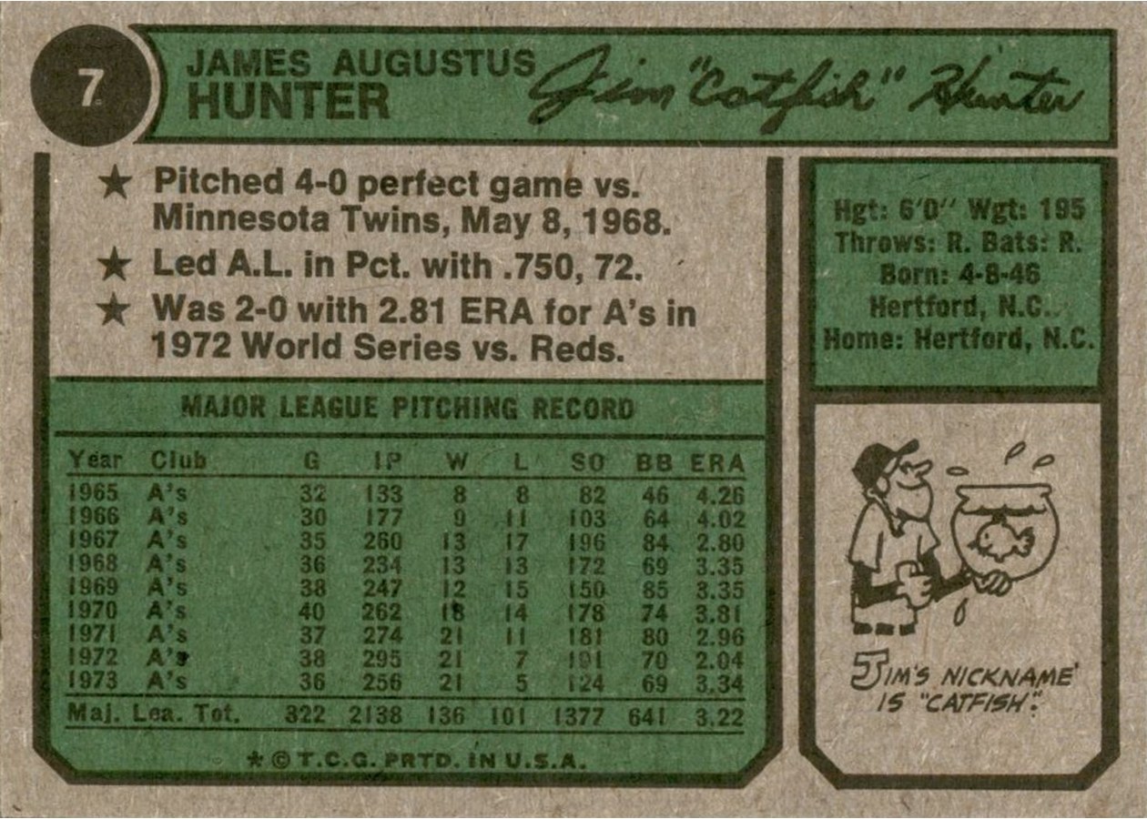 1974 Topps #7 Jim Hunter card back