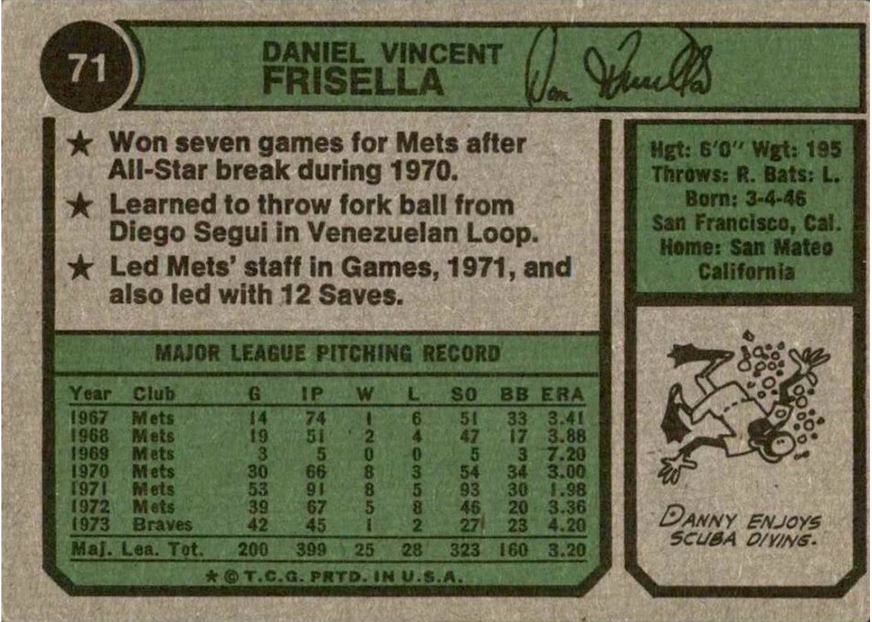 1974 Topps #71 Danny Frisella card back