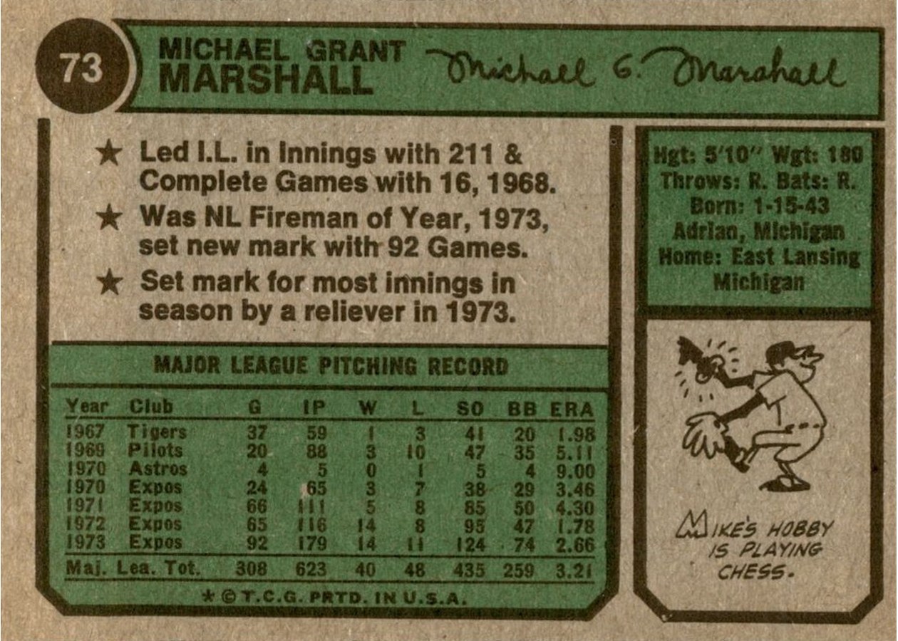 1974 Topps #73 Mike Marshall card back