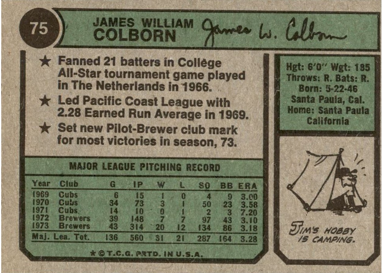 1974 Topps #75 Jim Colborn card back