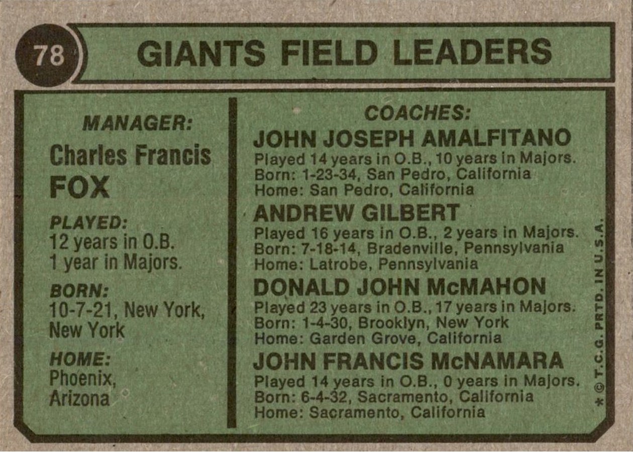 1974 Topps #78 Giants Field Leaders card back
