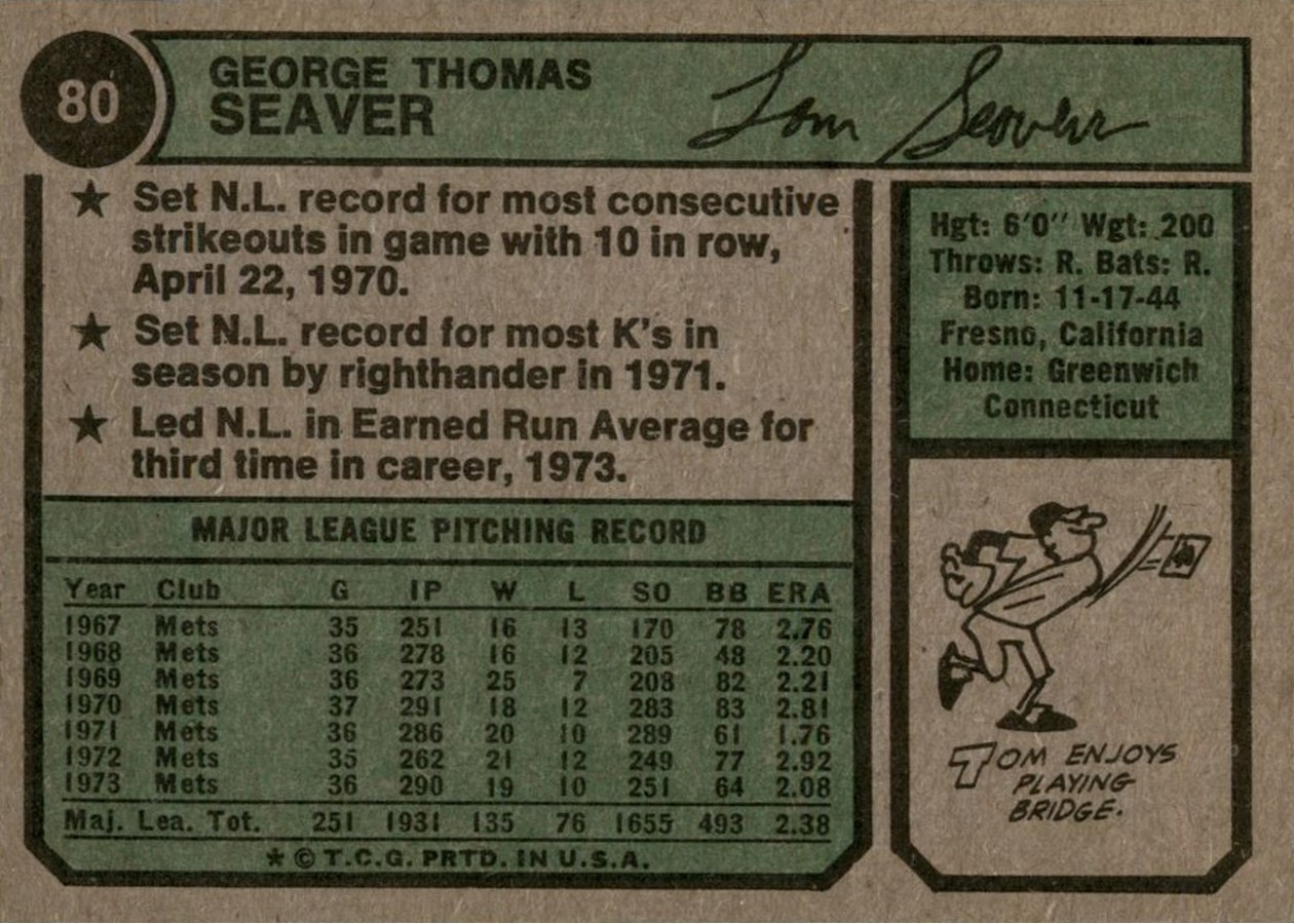 1974 Topps #80 Tom Seaver card back