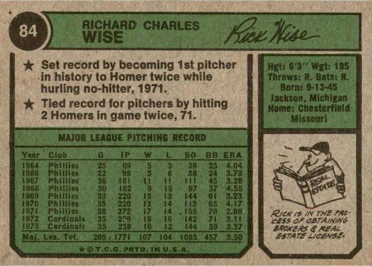 1974 Topps #84 Rick Wise card back