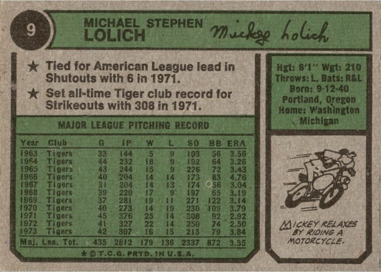 1974 Topps #9 Mickey Lolich card back
