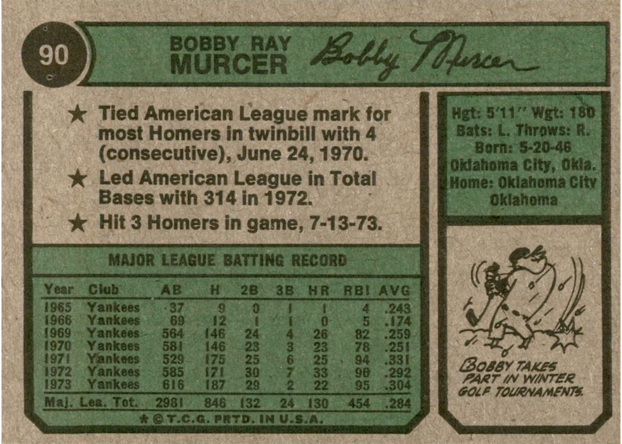 1974 Topps #90 Bobby Murcer card back