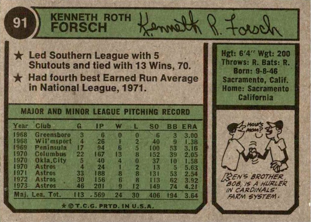 1974 Topps #91 Ken Forsch card back