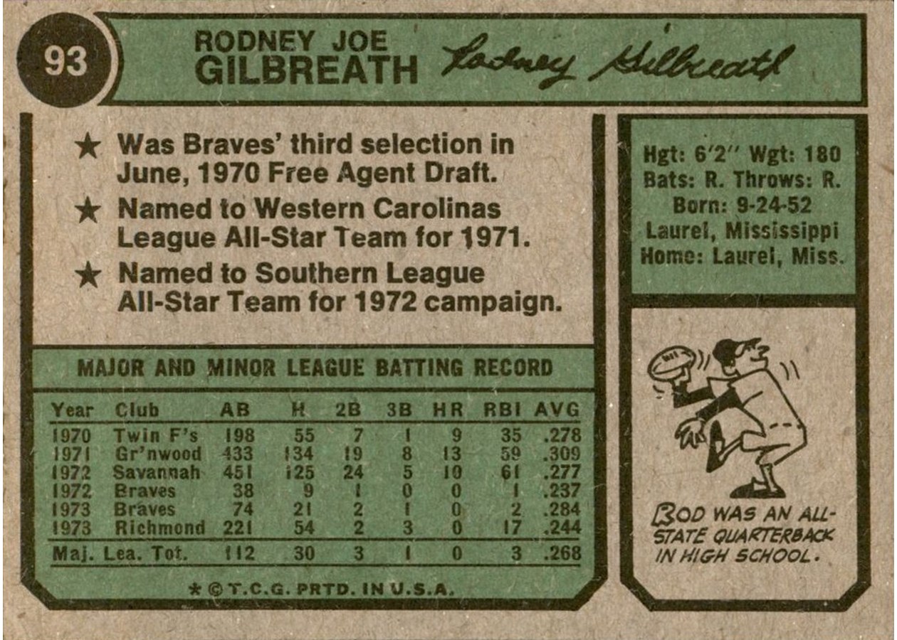 1974 Topps #93 Rod Gilbreath card back