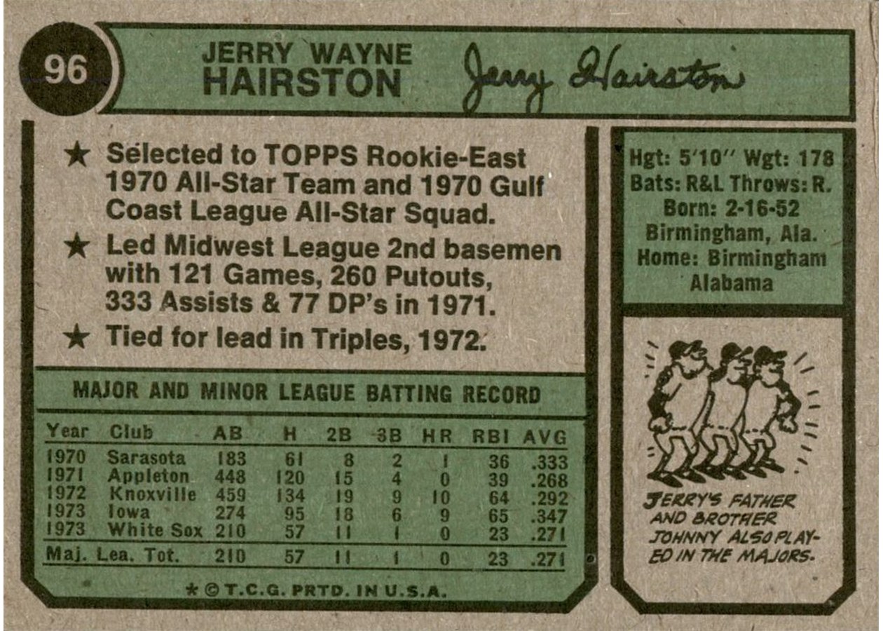 1974 Topps #96 Jerry Hairston card back