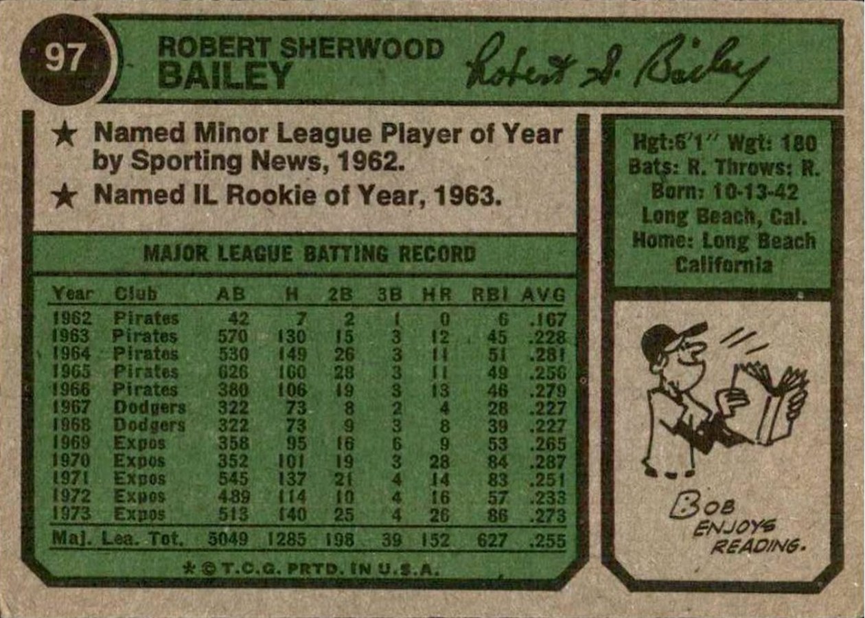 1974 Topps #97 Bob Bailey card back