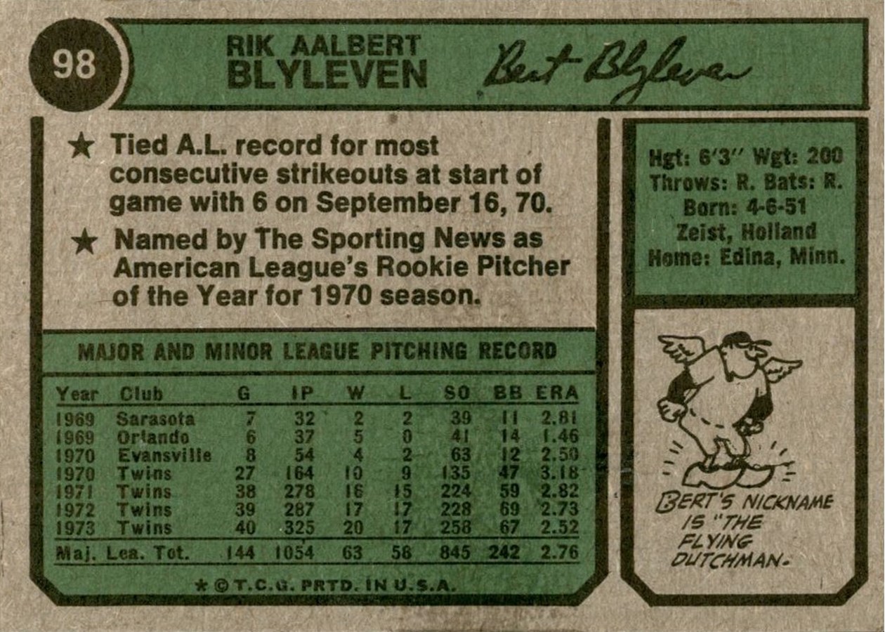 1974 Topps #98 Bert Blyleven card back