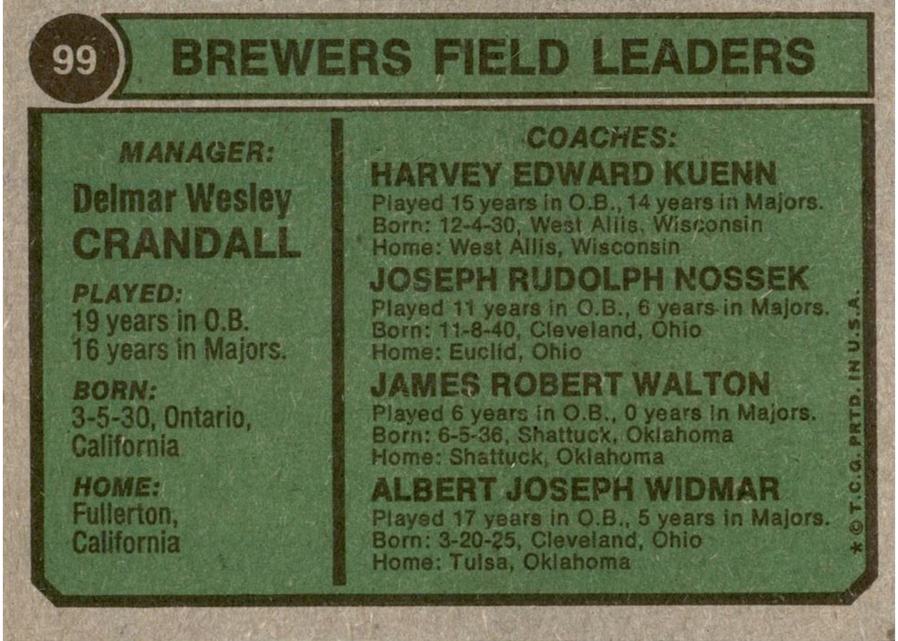 1974 Topps #99 Brewers Field Leaders card back