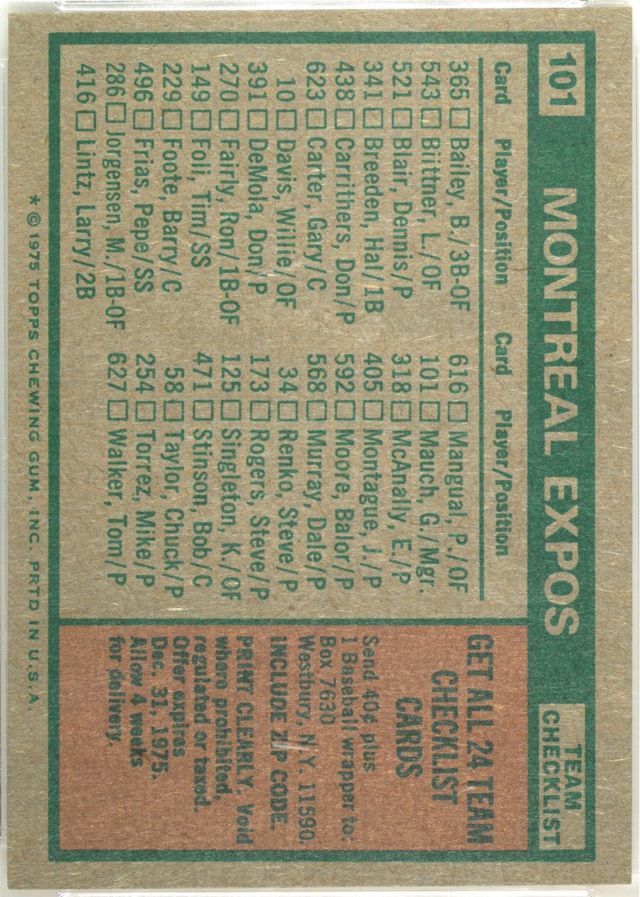 1975 Topps #101 Montreal Expos card back