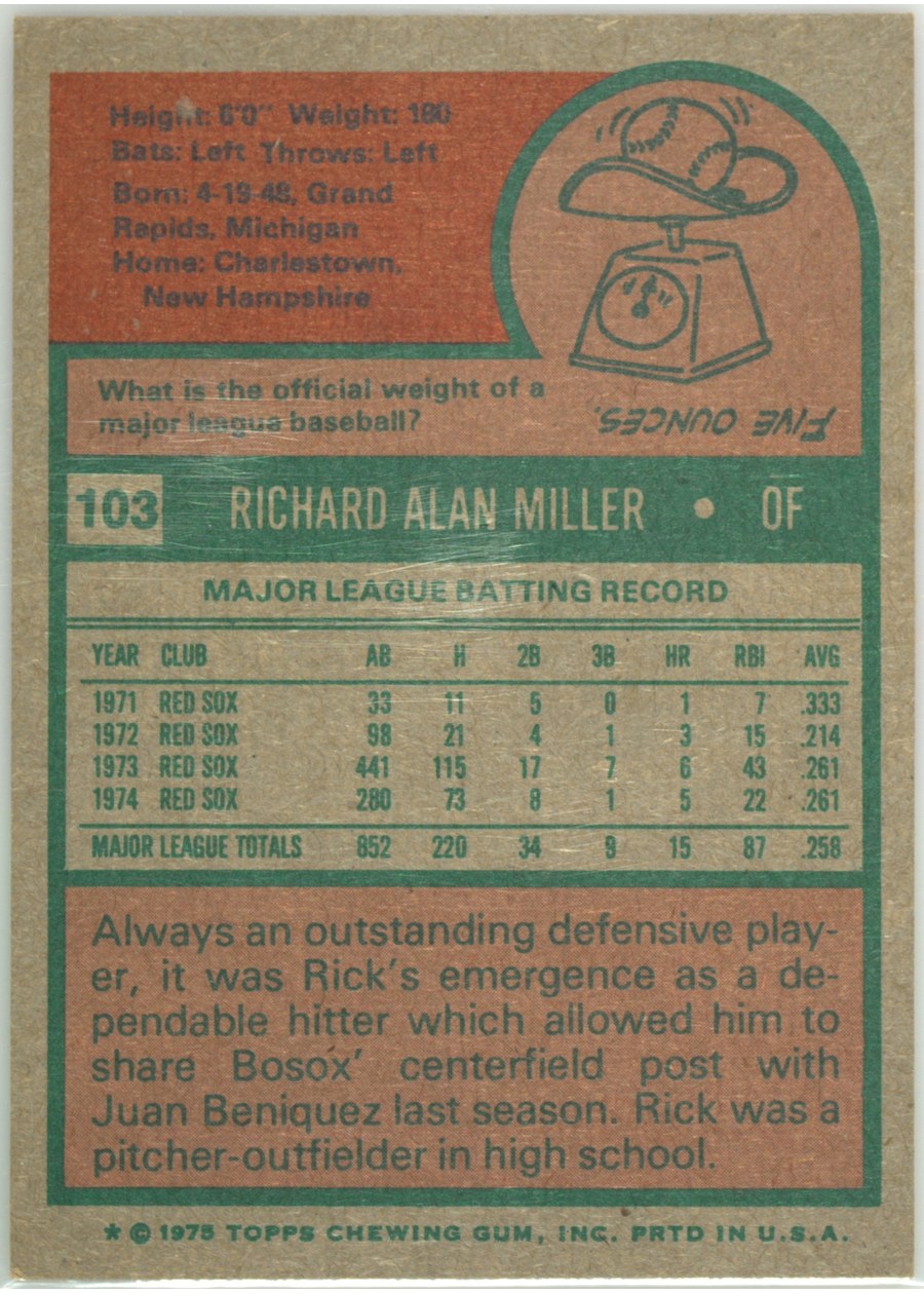 1975 Topps #103 Rick Miller card back