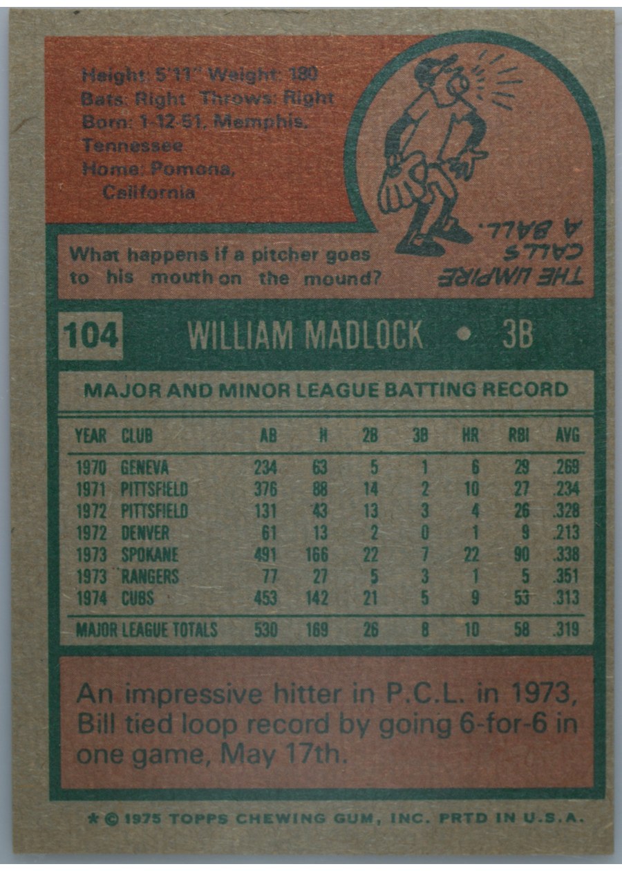 1975 Topps #104 Bill Madlock card back
