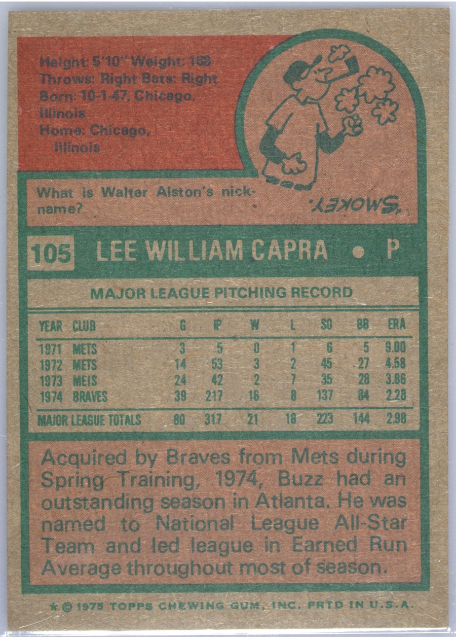 1975 Topps #105 Buzz Capra card back