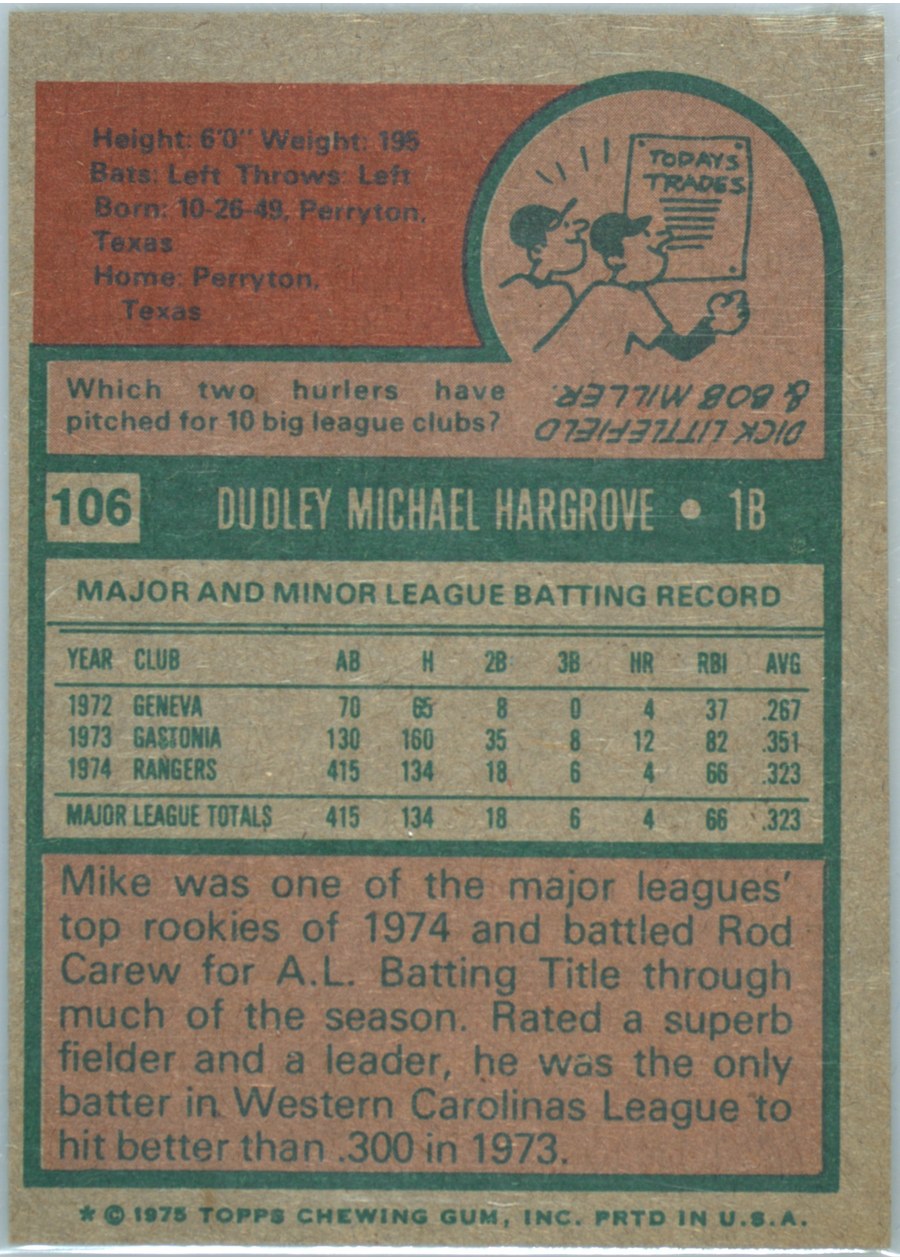 1975 Topps #106 Mike Hargrove card back
