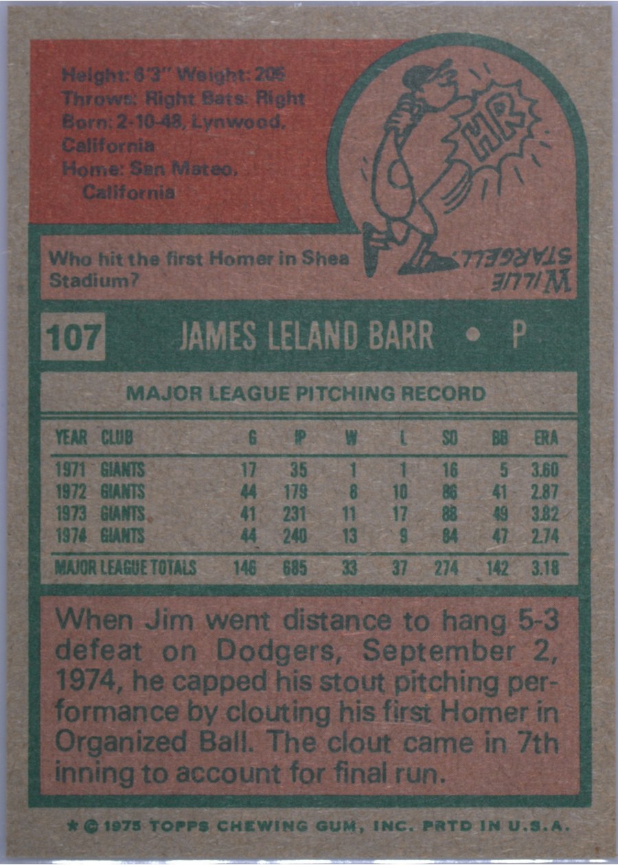 1975 Topps #107 Jim Barr card back