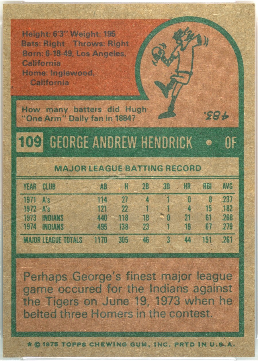 1975 Topps #109 George Hendrick card back