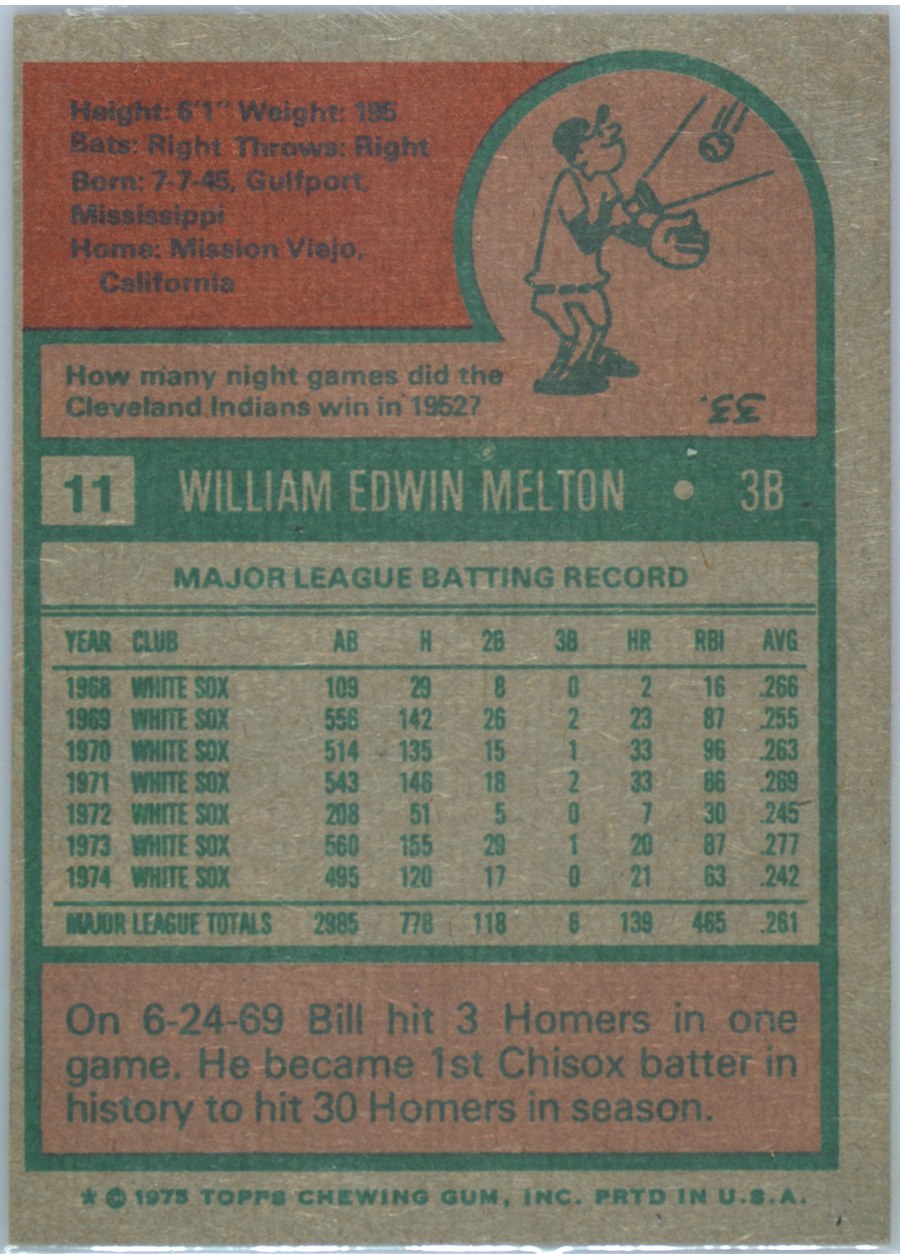 1975 Topps #11 Bill Melton card back