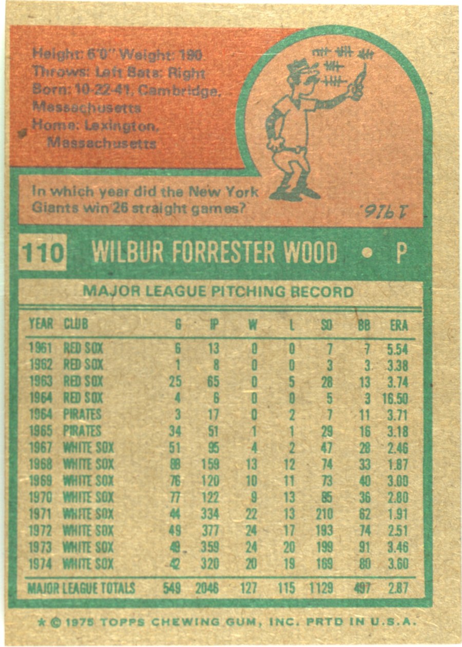 1975 Topps #110 Wilbur Wood card back