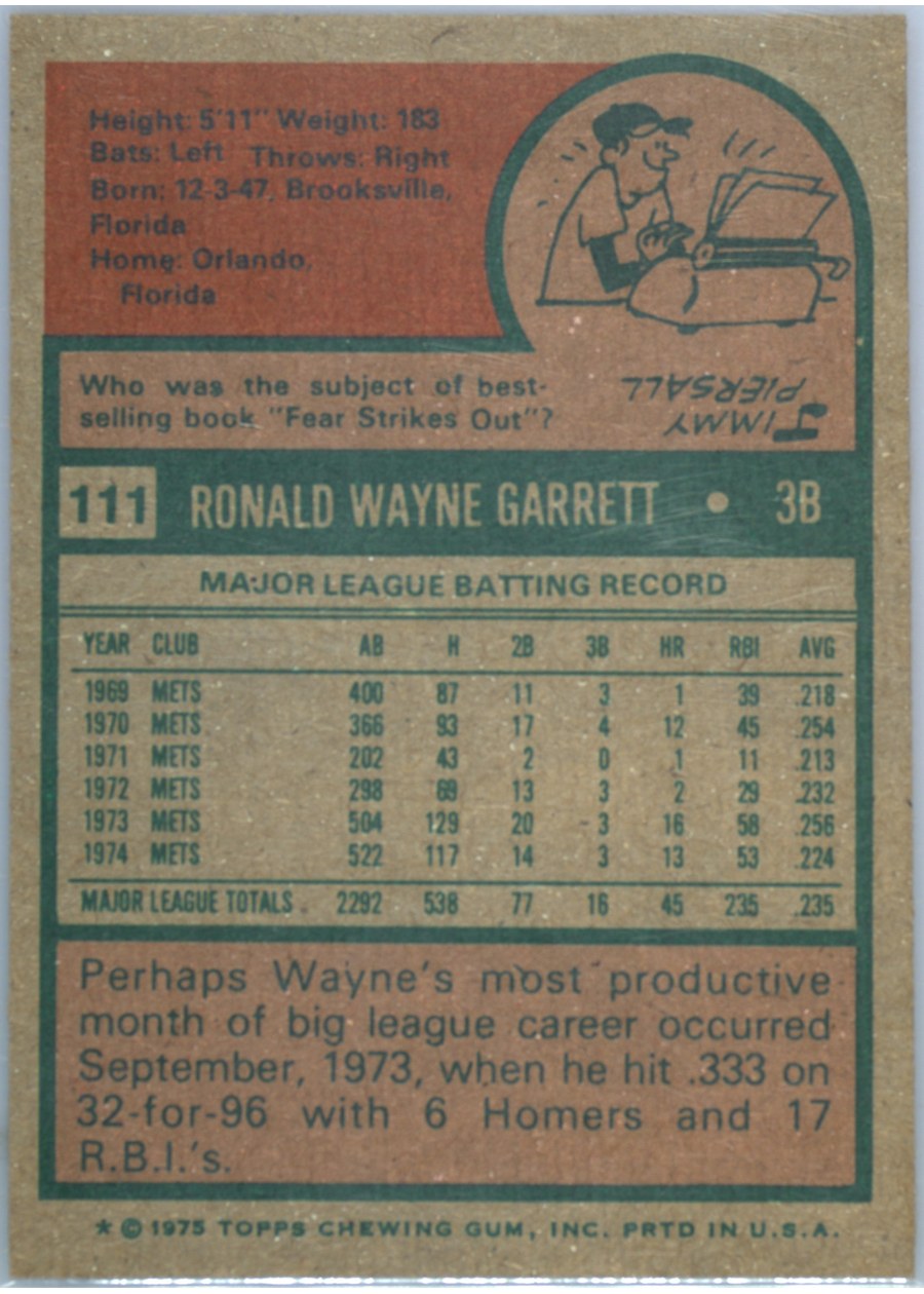 1975 Topps #111 Wayne Garrett card back