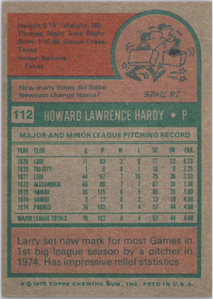 1975 Topps #112 Larry Hardy card back